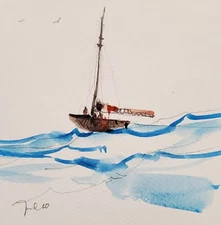 Modern Sea Boat Watercolor Minimalist Painting PRINT 16" By Artist Jose TRUJILLO