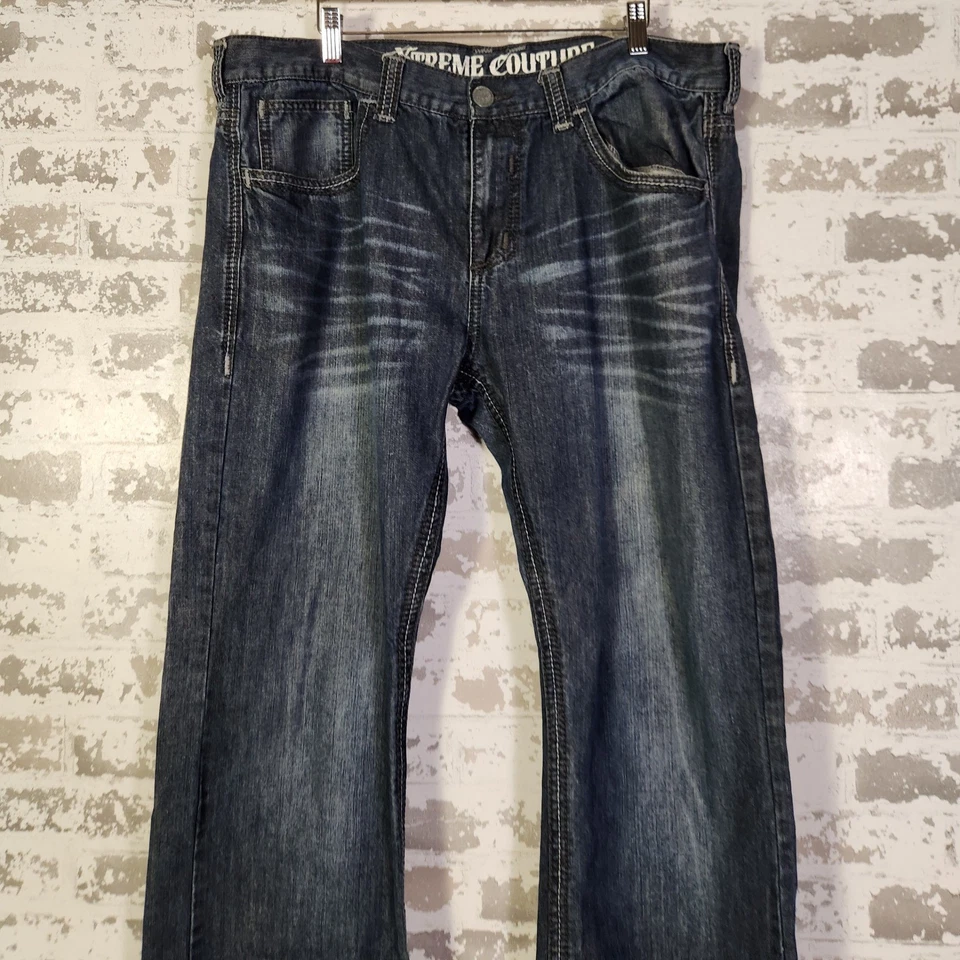 Pantalones de mezclilla vintage Y2K Xtreme Couture para hombre desgastados holgados cruzados góticos 38x32 Foto 2 de 4