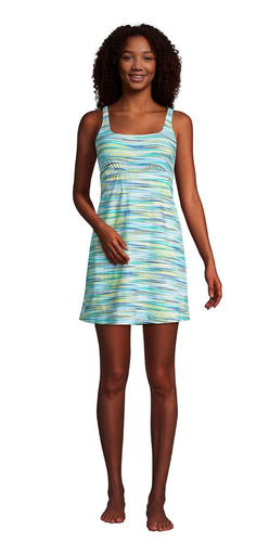 Lands End Tummy Control Square Neck Swim Dress One Piece Aqua Multicolor 16W