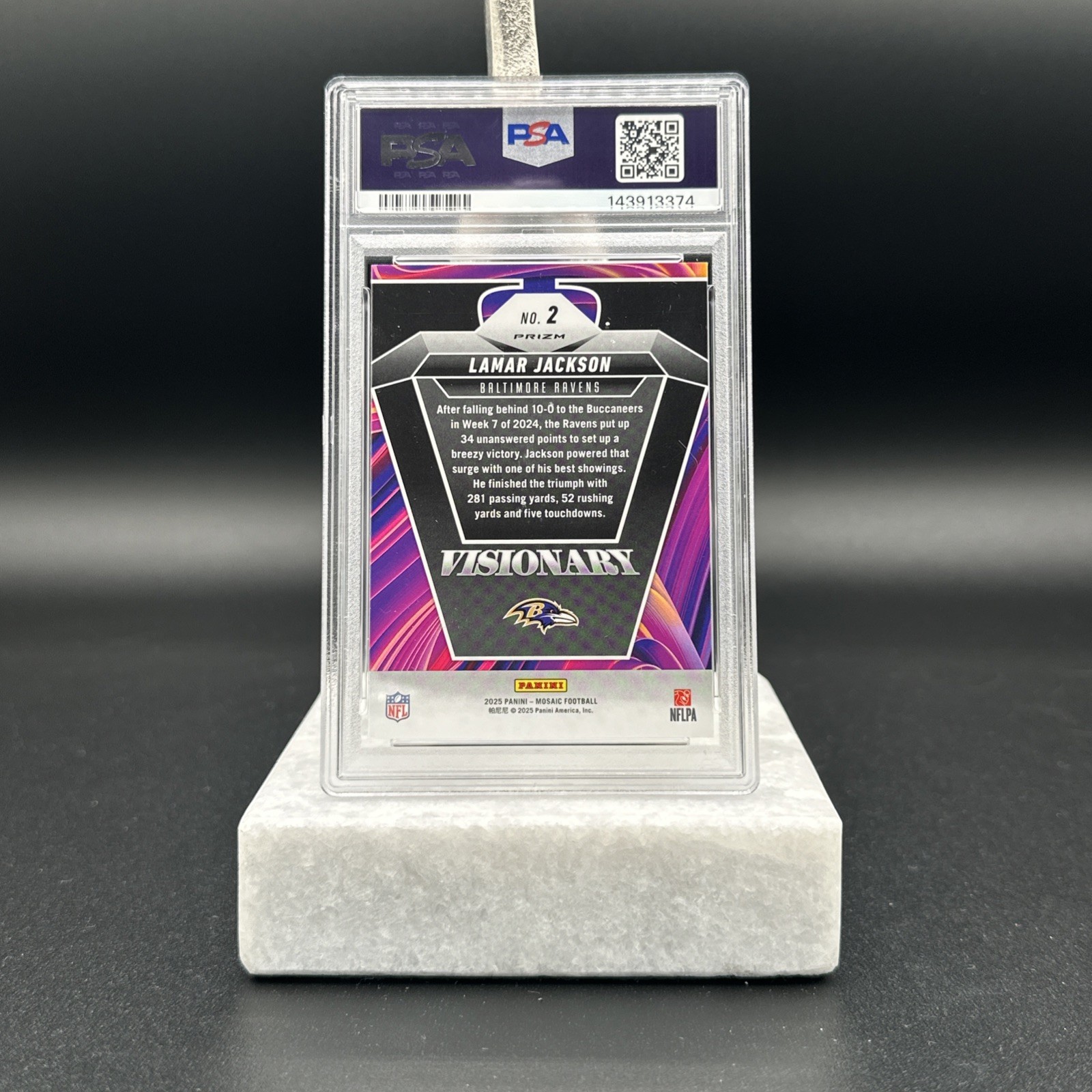 Lamar Jackson 2025 Panini Mosaic Visionary Baltimore Ravens PSA 10 NFL Case Hit view 2