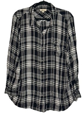 Style & Co Womens Plaid Button Front Shirt Black White 2X Plus Long Sleeve