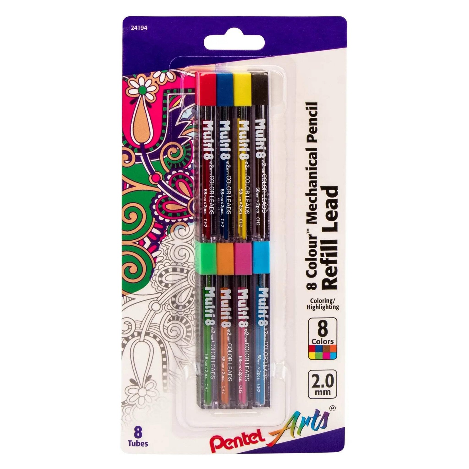 Pentel 8-Colour Pencil Refill, Assorted 8 Pack