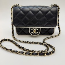 Authentic Chanel 25P Black & White Border Quilted Lambskin Mini Square Flap Bag