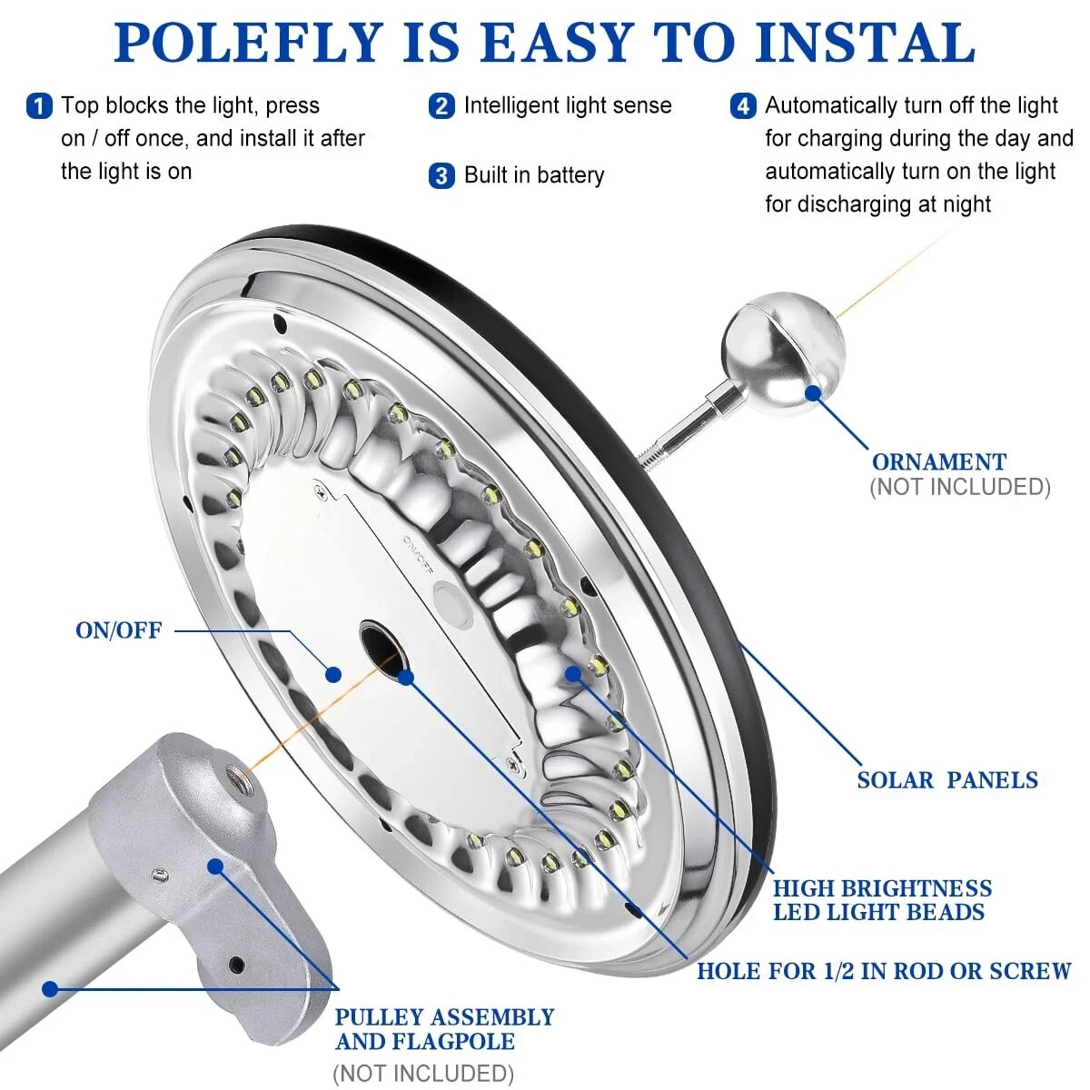 Flag Pole Light Solar Powered, 1200 Lumen Second Generation Outdoor Waterproof