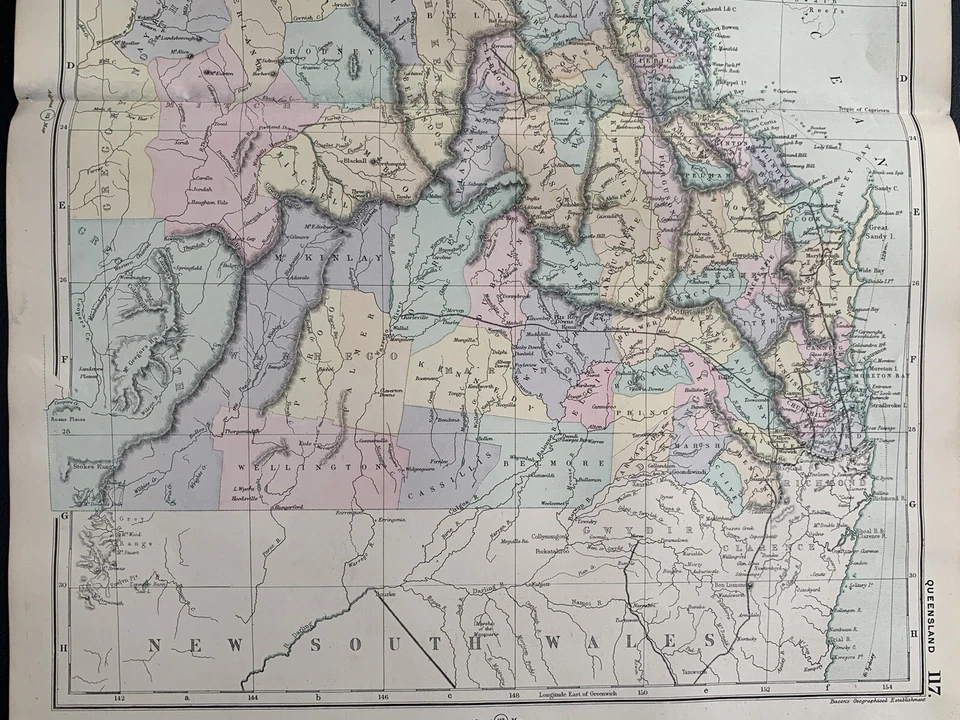 1891 Queensland Hand Coloured Original Antique Map by G.W. Bacon - Image 3 of 3