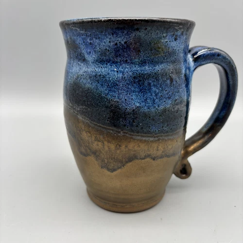 Hand Thrown Mug Studio Art Pottery Mug Drip Glaze Stoneware SIGNED  Blue Bronze