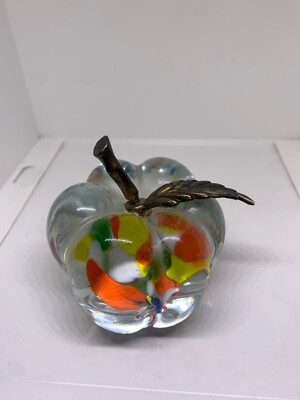 vintage handblown art glass gold metal stem & leaf pumpkin/apple s paperweights