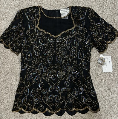 Papell Boutique Evening branded Top NEW M Medium Silk Sequins Black Handmade