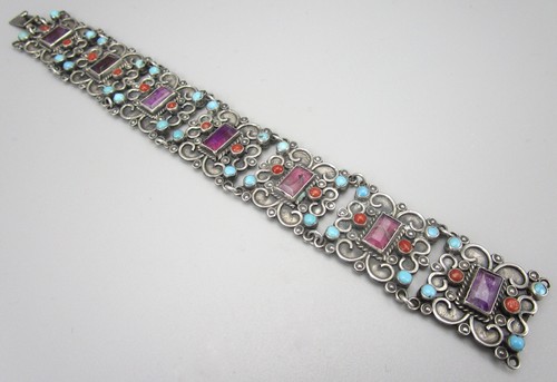 BEAUTIFUL MATL STYLE SIGNED LOS BALLESTEROS STERLING AMETHYST TURQUOISE BRACELET - Picture 2 of 7