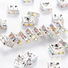 100 PCS Silver Metal AB Color Square Nickel Free Rhinestone Spacer Beads 6x6x3mm