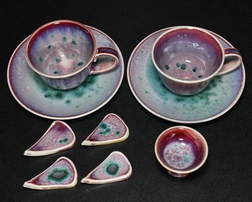 MATSUYAMA GAEI 2 Cups Saucers & Sake cup & 4 Spoon rest Japanese Peacock glaze - Picture 2 of 11
