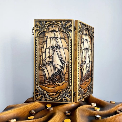 Premium WOODEN BACKGAMMON Set Game New Board 48cm (19"), Carved, Sailboat - Picture 2 of 7