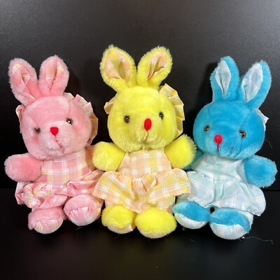 Set Of Plush Pals Pink Blue Yellow Easter Rabbit 9” Plaid Dress Hat  Stuffed