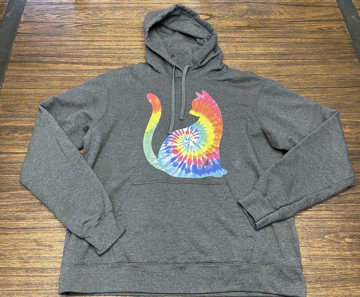 Port Company Gray Hoodie Coed Sweatshirt With Tie dye Cat Size Large