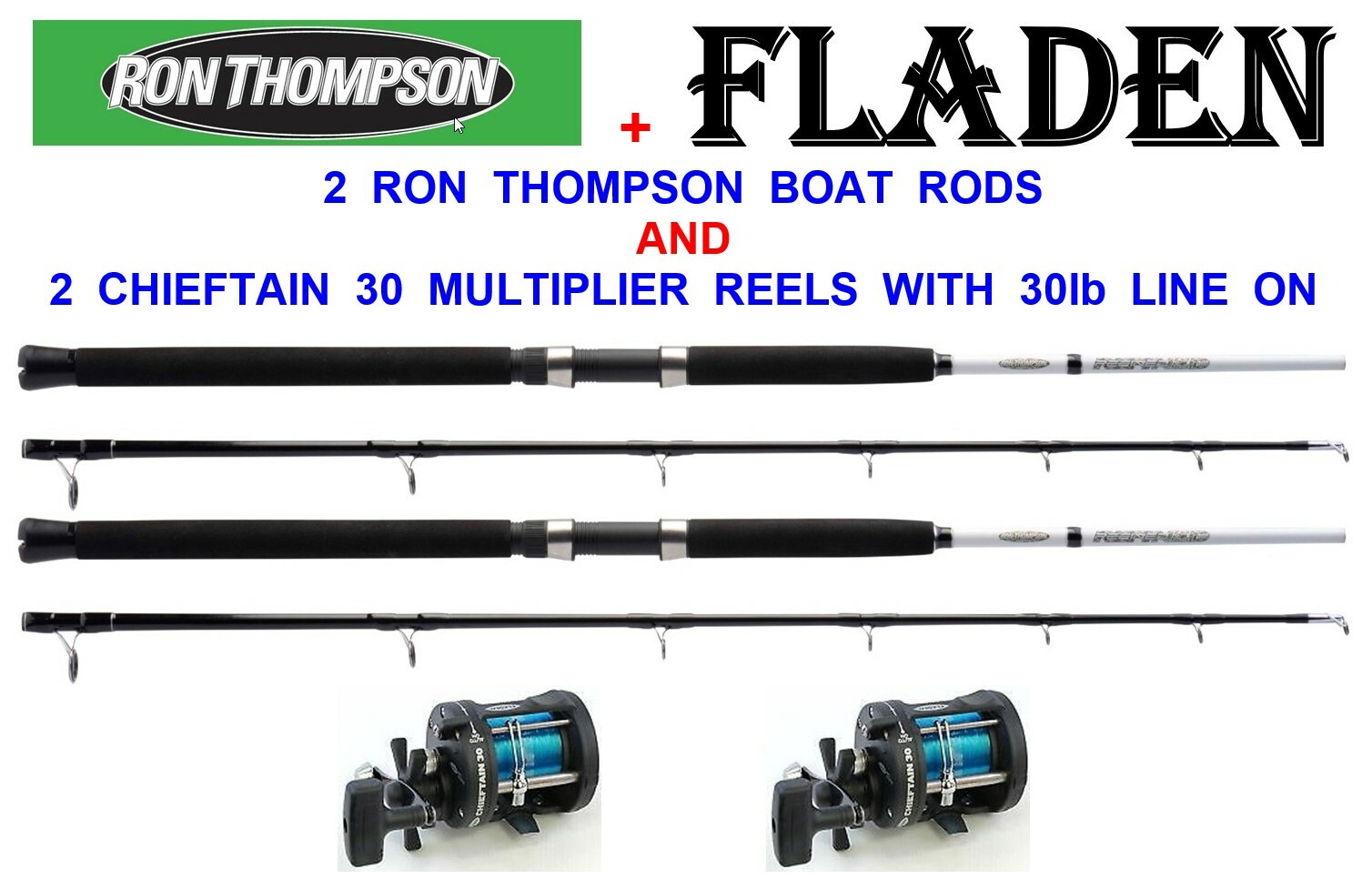 2 RT REFINED 20-30lb 6ft BOAT RODS+FLADEN CHIEFTAIN 30 MULTIPLIER REELS+LINE