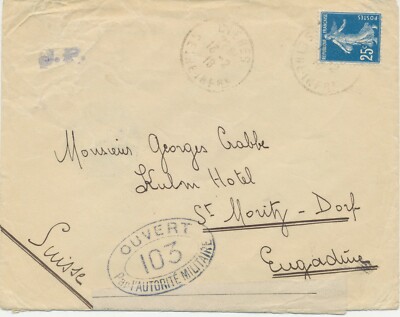 FRANKREICH 1916 Säerin 25C EF Pra.-ZENSUR-Brief mit Zensur-Stempel und -Label CH