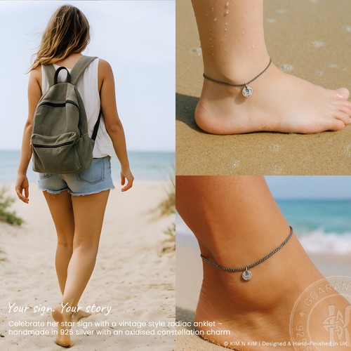 925 Silver Zodiac Anklet ✔️ Oxidised Charm Gift for Her Birthday - Picture 2 of 25