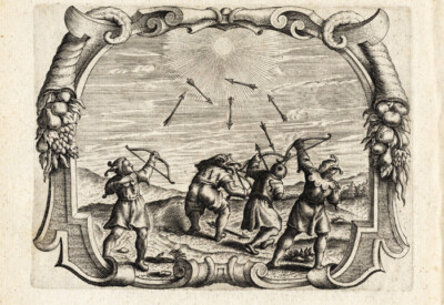 Antiker Emblem Aufdruck-NARR-BOGENSCHÜTZE-SONNE-JESUIT-PFEIL-Bolland-Galle-1640