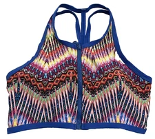 TiniBikini Size M Zip Front Swim Top Removable Pads Royal Blue Geometric