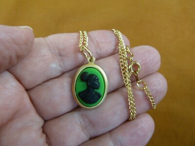CA30-122 RARE African American LADY green + black CAMEO brass Pendant necklace