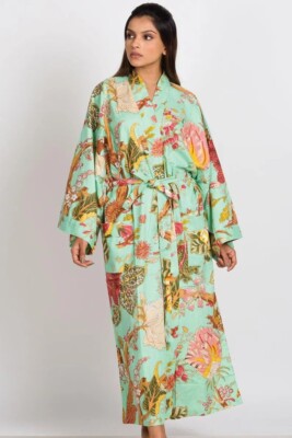 Indian Green Floral Cotton Long Kimono Sleepwear Night Suit Kimono Bath Robes US
