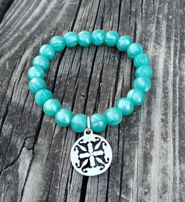 Rustic Cuff Bracelet Pearlized Turquoise Silicone Beaded Silver RC Logo Charm