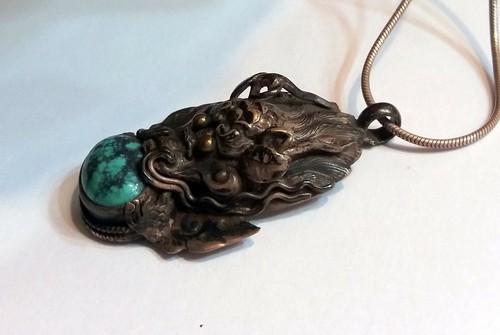 Antiker Drache und Türkis Silber Anhänger und Halskette Schmuck Handarbeit - Bild 5 von 11