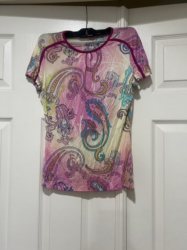 Etro Paisley Print Jersey Knit Stretch Short Sleeve Blouse Top Size 44/ Small