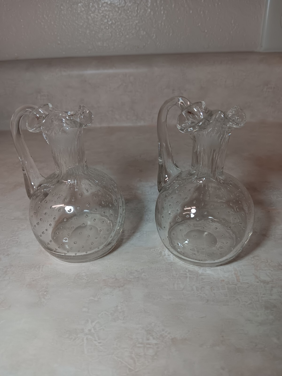 Czech Clear Art Glass Controlled Bubble Decanter (2) with Handle Small Varied