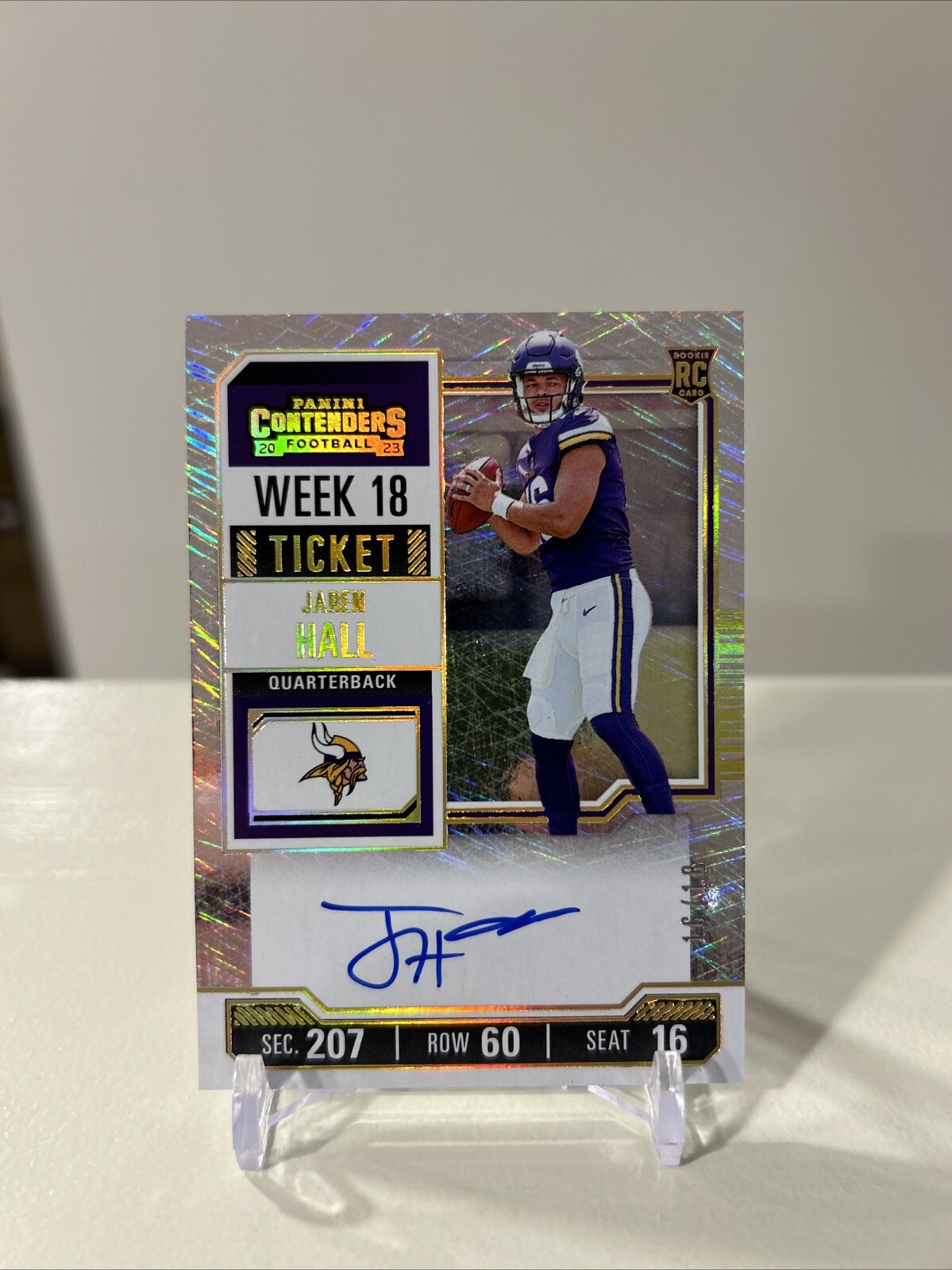 2023 Contenders Jaren Hall RC Week 18 Ticket #/18 On Card Auto Jersey Match