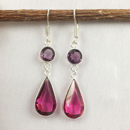 925 Sterling Silver Ruby & Amethyst Gold / Rose Plated Earrings Gift - Picture 3 of 9