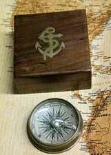 BUSSOLA in OTTONE ANTICATO + COFANETTO in LEGNO IDEA REGALO FERMACARTE VINTAGE