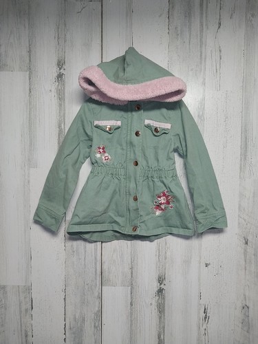 Little Lass Size 5 Hooded Jacket Green & Pink Canvas