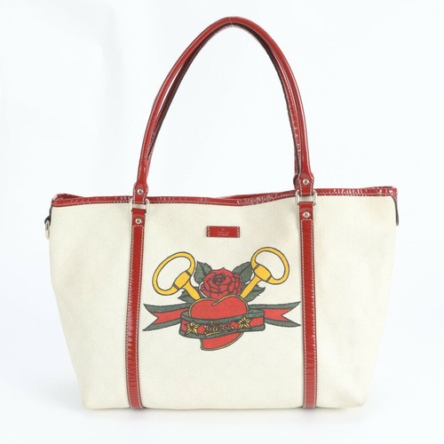 GUCCI Hand Bag Tote Purse Tattoo Heart Coated Canvas Leather Off White Red