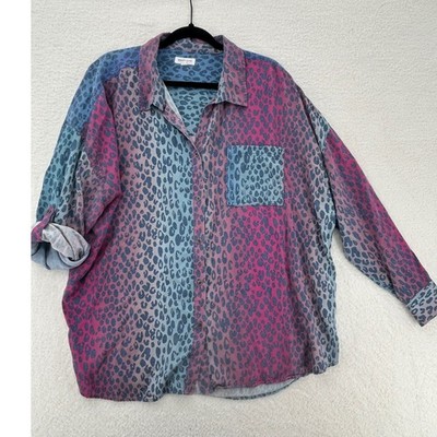Westbound Woman 2X Print Button Down Shirt Blue Pink Ombre Roll Tab Sleeve