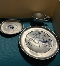 1940  s Little Bo Peep  Sheep Aluminum Toy Dishes: 4 Plates, 4Saucers  4 Cups