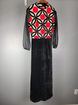 VTG 1960s USA Geometric Gold Metallic Red Black Velvet Maxi Dress Gown Sz 13 54''