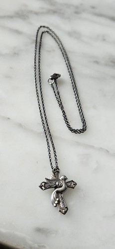 Beautiful Vtg. ' 925 Cross With Dove & Diamond Chip Pendant Necklace - Picture 12 of 20