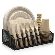 Paper Plate Organizer for Countertop - Metal Silverware Caddy with 6 Compartm...