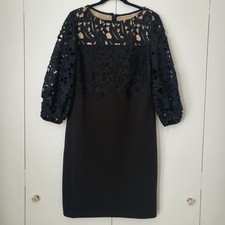 Lauren Ralph Lauren Cocktail Dress Sz 16 Black Crepe Lace Overlay Puff Sleeve