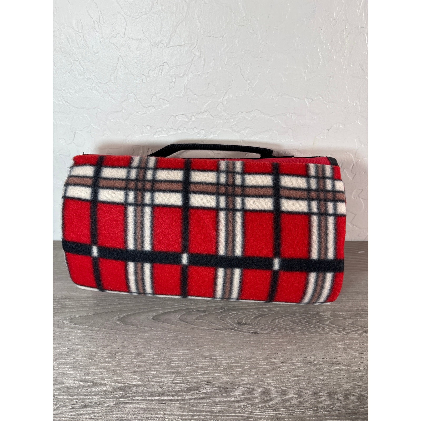 Dr. Pepper Red Black Plaid Picnic roll up Blanket with Handle and Pocket
