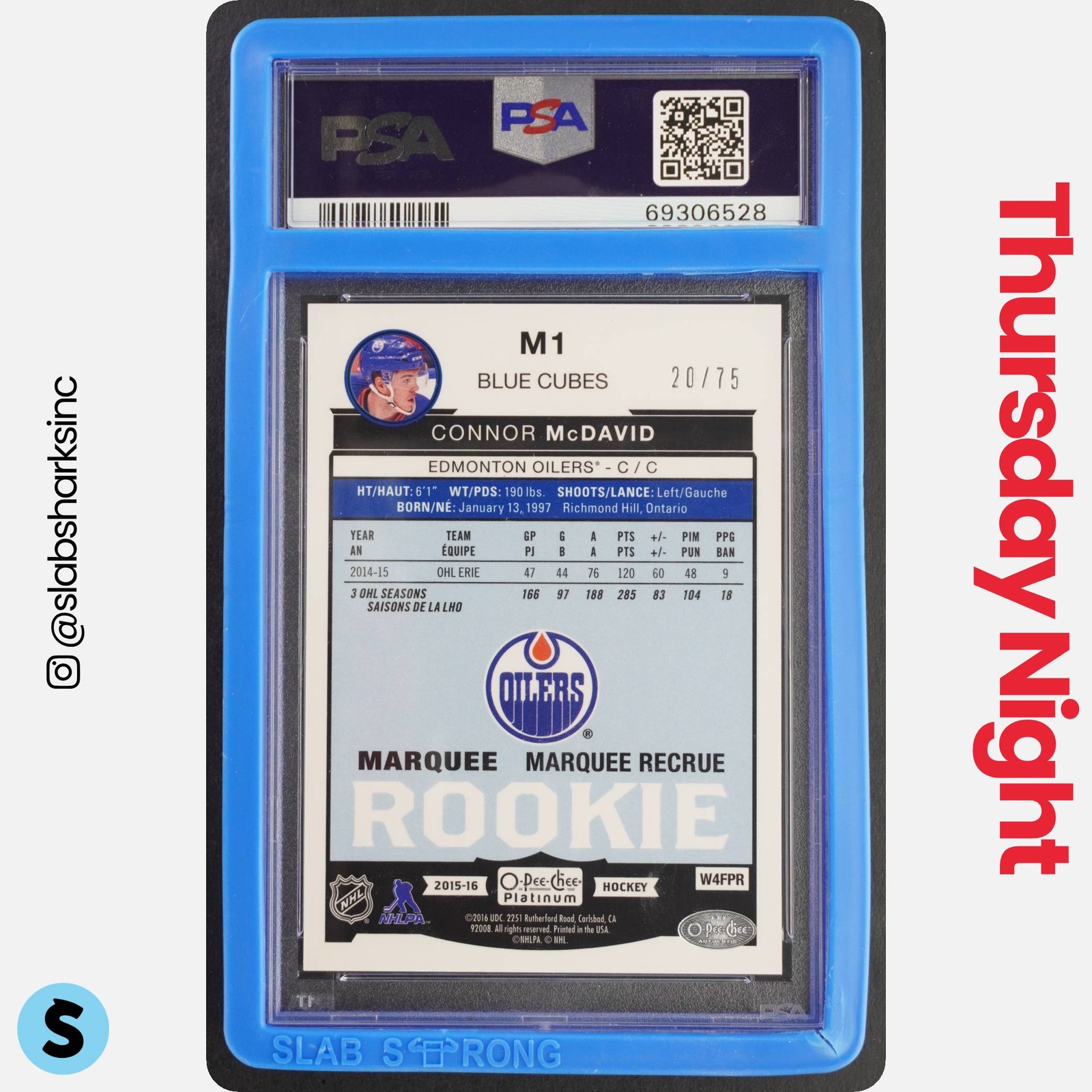 2015 O-PEE-CHEE PLATINUM CONNOR MCDAVID MARQUEE ROOKIES BLUE CUBES RC /75 PSA 9 view 2