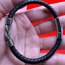 Mens Braided Black Leather Bracelet Stainless...