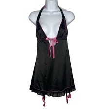 Fredericks Hollywood Peekaboo Halter Chemise Size M Black Pink Satin Garters