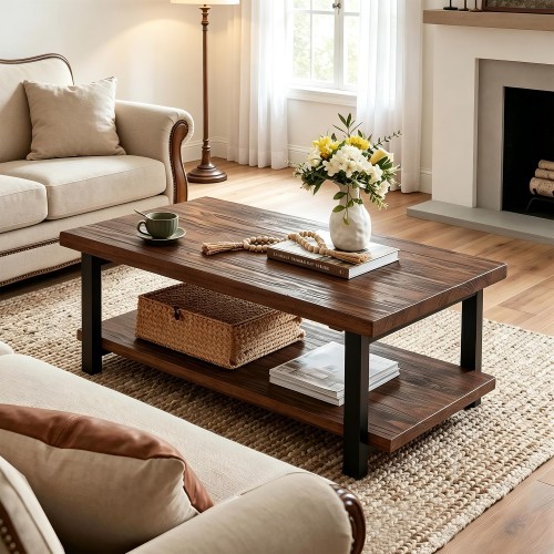100% All‑Solid‑Wood Farmhouse Rustic Rectangle Coffee Table, Living Room Coffee