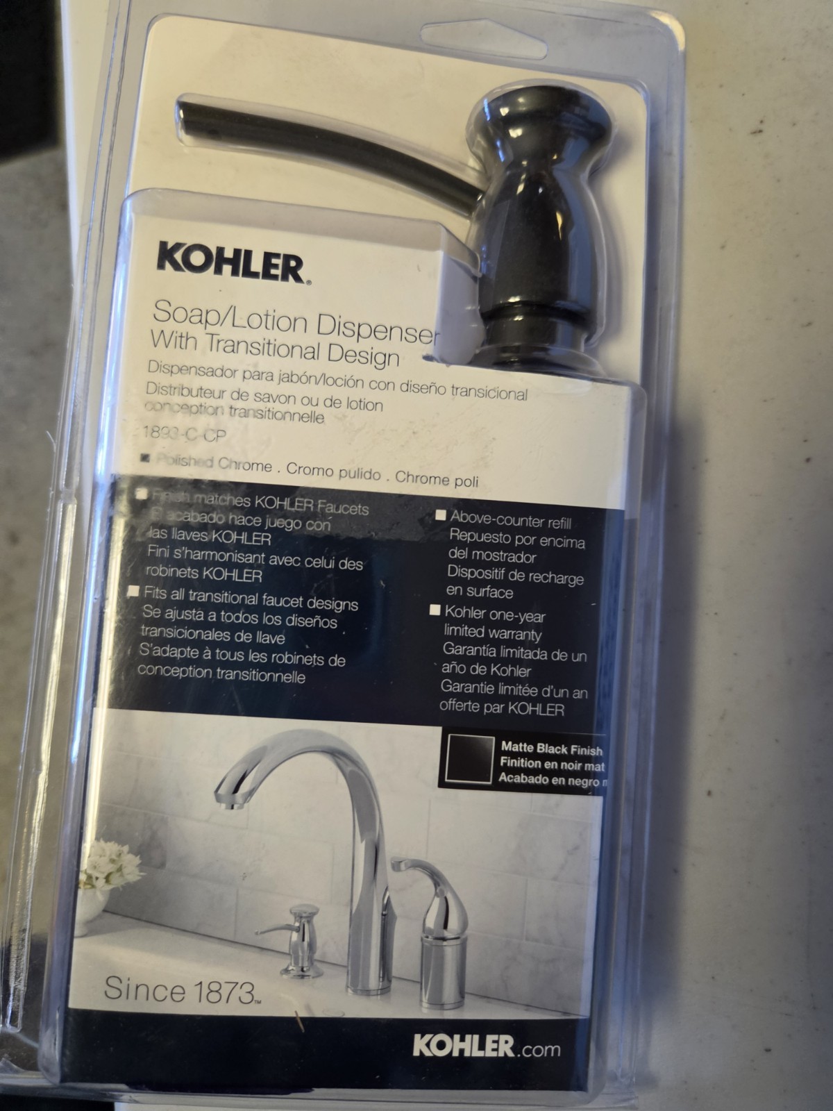 1Pc (Matte Black)KOHLER K-1893-C-BL Transitional design soap/lotion dispen