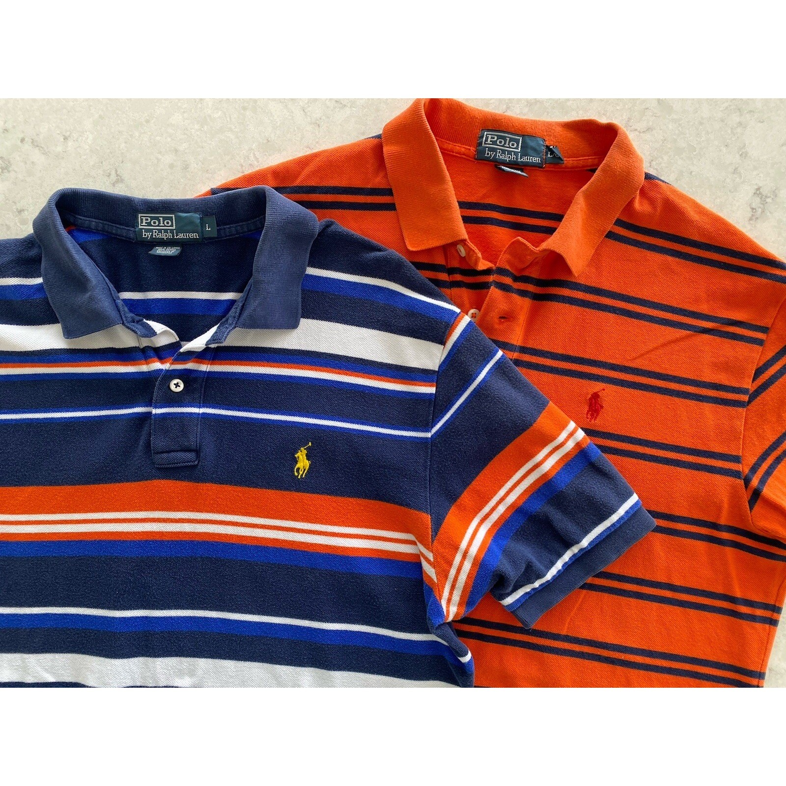 Lot Of 2 Vintage Polo Ralph Lauren Navy/Orange Shirts Mens L PREPPY Stripes