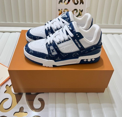 Louis Vuitton Blue/White Monogram Trainer Low Top Sneakers New w/ Box