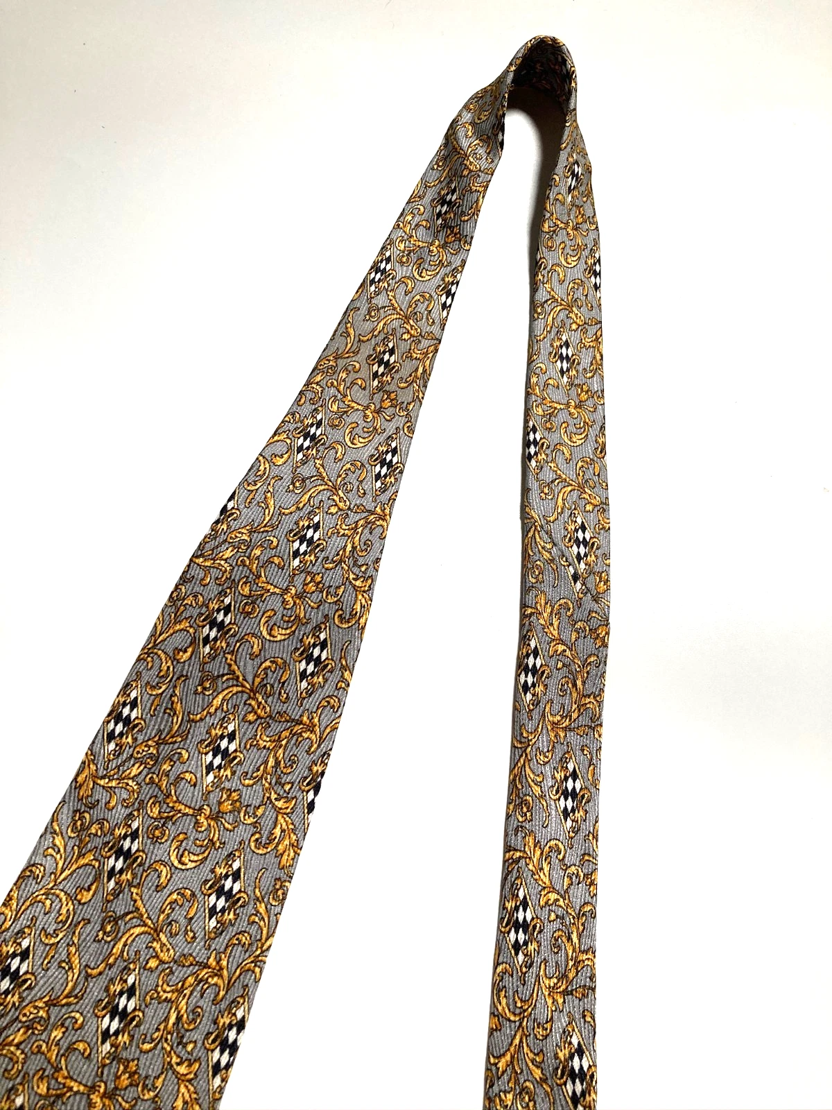 GIANNI VERSACE Vintage '90s Baroque Acanthus Tie Grids Art Nouveau Italy Gray - product detail image 12