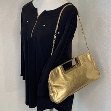 Michael Kors Berkeley Leather Handle Clutch Chain Shoulder Strap Metallic Gold